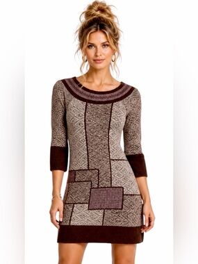 Free People – Patchwork Knit Sweater Tunic – Geometric – Brown Multi – Sz. L